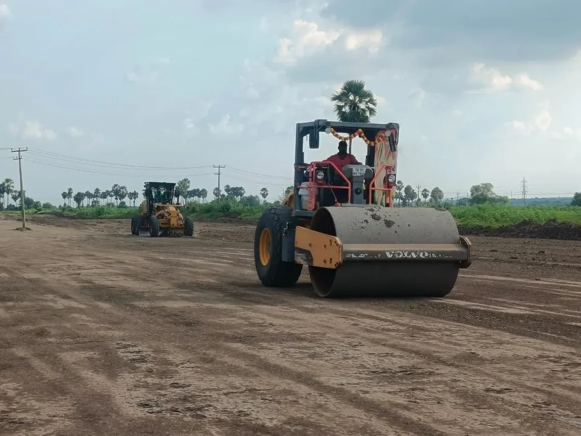 Road construction equipment used in road works